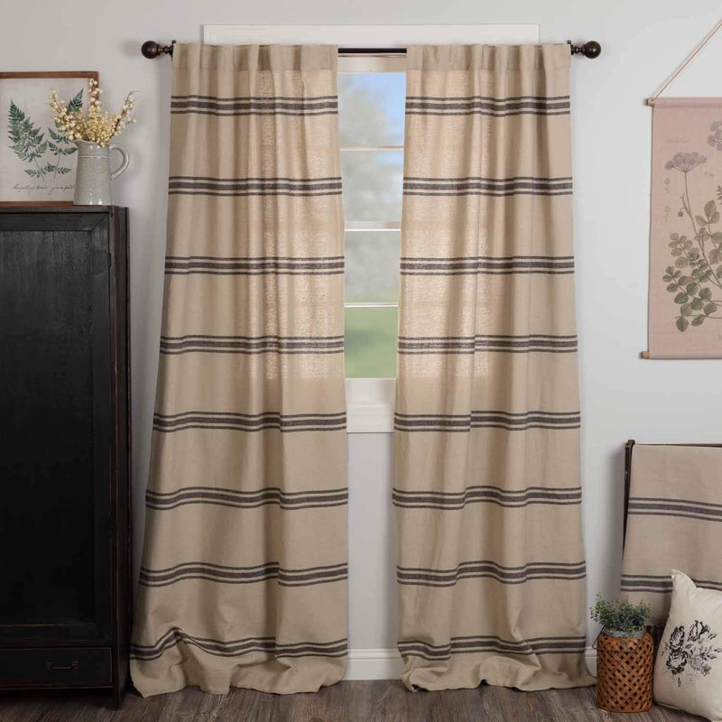 Piper Classics Mill House Stripe Black Panel Panel Curtains, Set of 2 Panels, 84" Long, Farmhouse Primitive Grain Sack Stripe Window Drapes, Beige & Black - Image 1